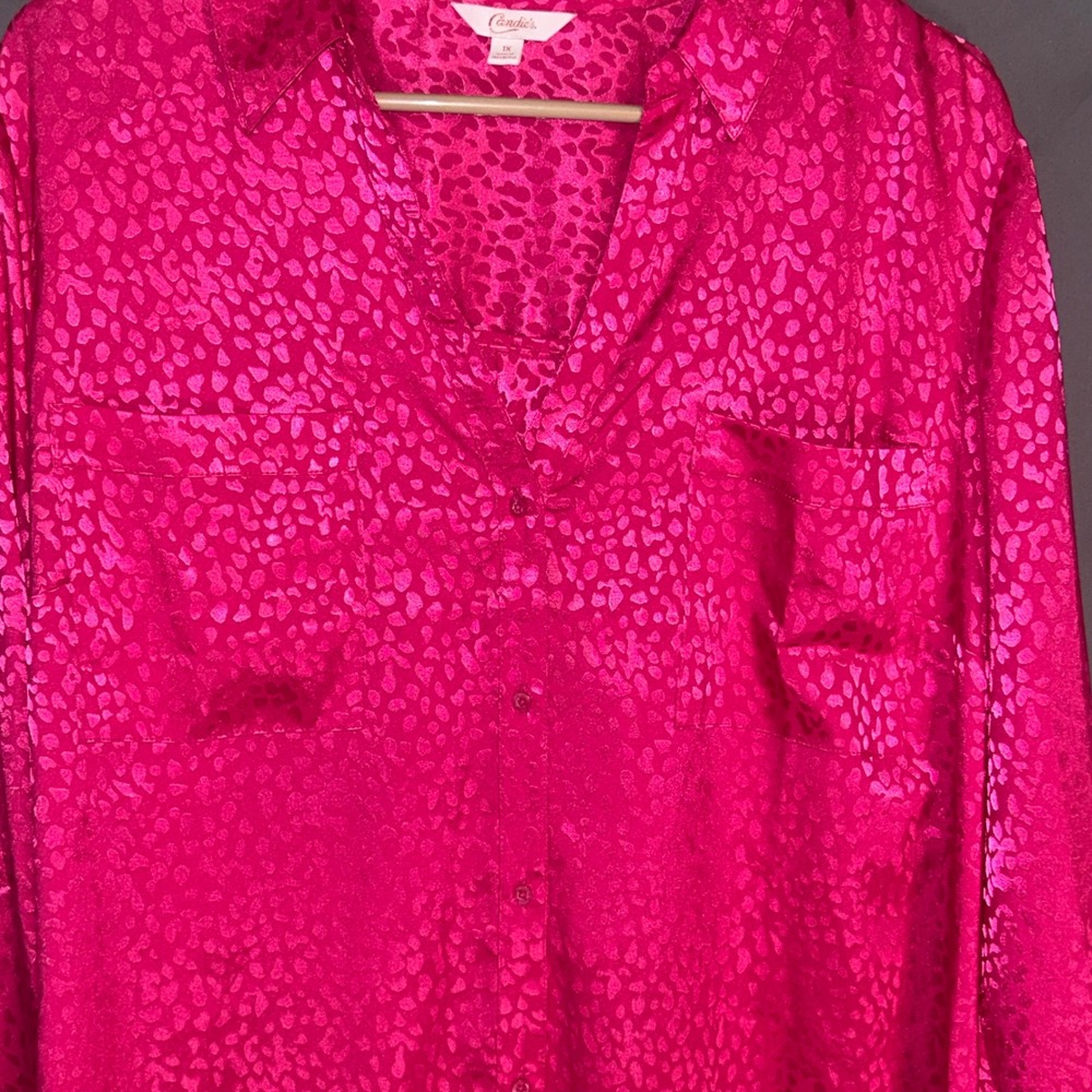 Candies Women Pink Leopard Animal Print Button Down Shirt Top Size 1X Valentine - Picture 3 of 7